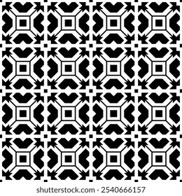 Patrón geométrico en blanco y negro sin fisuras que consiste en Formas abstractas, creando un diseño simétrico y repetitivo en un diseño de cuadrícula. Adecuado para fondos, Fondos de pantalla, textiles, telas, etc.