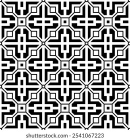 Padrão geométrico preto e branco contínuo, consistindo de formas abstratas com linhas e verificações, criando um design simétrico e repetitivo. Adequado para fundos, papéis de parede, têxteis, etc.