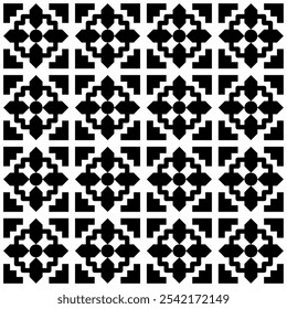 Seamless black and white geometric pattern. Symmetrical design with repeating geometric shapes. Suitable for backgrounds, wallpapers, textile designs, prints, decorative projects, etc.
