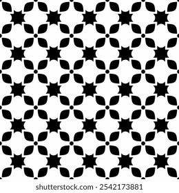 Patrón geométrico blanco y negro sin fisuras, que consiste en repetir Formas florales simétricas simples. Adecuado para fondos, Fondos de pantalla, diseños textiles, impresiones, proyectos decorativos, etc.