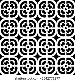 Seamless black and white geometric pattern, consisting of repeating symmetrical floral shapes. Suitable for backgrounds, wallpapers, textile designs, prints, decorative projects, etc.