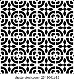 Seamless black and white geometric pattern. Symmetrical design with repeating geometric shapes. Suitable for backgrounds, wallpapers, textile designs, prints, decorative projects, etc.