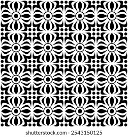 Seamless black and white geometric pattern, consisting of repeating symmetrical floral shapes. Suitable for backgrounds, wallpapers, textile designs, prints, decorative projects, etc.