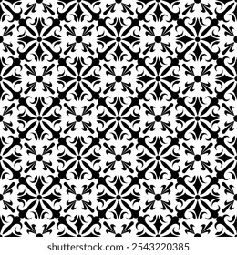 Seamless black and white geometric pattern, consisting of repeating symmetrical floral shapes. Suitable for backgrounds, wallpapers, textile designs, prints, decorative projects, etc.