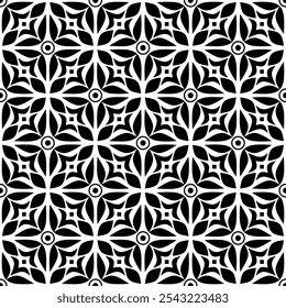 Seamless black and white geometric pattern, consisting of repeating symmetrical floral shapes. Suitable for backgrounds, wallpapers, textile designs, prints, decorative projects, etc.