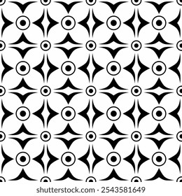 Seamless black and white geometric pattern, consisting of repeating symmetrical floral shapes. Suitable for backgrounds, wallpapers, textile designs, prints, decorative projects, etc.