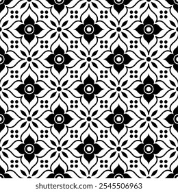 Seamless black and white geometric pattern, consisting of repeating symmetrical floral shapes. Suitable for backgrounds, wallpapers, textile designs, prints, decorative projects, etc.