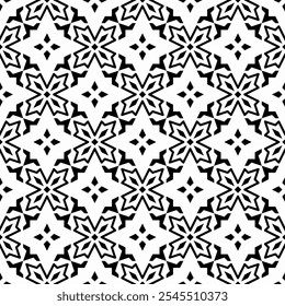Seamless black and white geometric pattern. Symmetrical design with repeating geometric shapes. Suitable for backgrounds, wallpapers, textile designs, prints, decorative projects, etc.