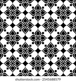 Seamless black and white geometric pattern, consisting of repeating symmetrical floral shapes. Suitable for backgrounds, wallpapers, textile designs, prints, decorative projects, etc.