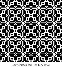 Seamless black and white geometric pattern, creating a symmetrical abstract design. Suitable for backgrounds, wallpapers, textiles, prints and various modern artistic projects.