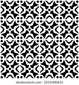 Seamless black and white geometric pattern, featuring a symmetrical design with floral motifs. Suitable for backgrounds, wallpapers, textiles, prints and various artistic projects.