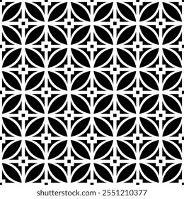 Seamless black and white geometric pattern, featuring a symmetrical design with floral motifs. Suitable for backgrounds, wallpapers, textiles, prints and various artistic projects.