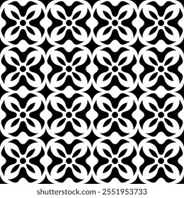 Seamless black and white geometric pattern, featuring a symmetrical design with floral motifs. Suitable for backgrounds, wallpapers, textiles, prints and various artistic projects.