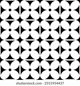 Seamless black and white geometric pattern, featuring a symmetrical design with floral motifs. Suitable for backgrounds, wallpapers, textiles, prints and various artistic projects.