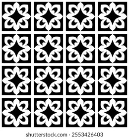 Seamless black and white geometric pattern, featuring a symmetrical design with floral motifs. Suitable for backgrounds, wallpapers, textiles, prints and various modern artistic projects.