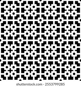 Seamless black and white geometric pattern with abstract and symmetrical shapes. Suitable for backgrounds, wallpapers, textiles, fabrics and various creative projects.