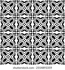 Seamless black and white geometric pattern, featuring a symmetrical design with floral motifs. Suitable for backgrounds, wallpapers, textiles, fabrics, wrapping paper, packaging, etc.