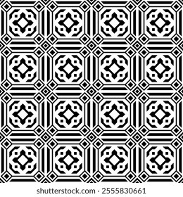 Seamless black and white geometric pattern with abstract and symmetrical shapes. Suitable for backgrounds, wallpapers, textiles, fabrics and various creative projects.