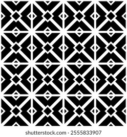 Seamless black and white geometric pattern with abstract and symmetrical shapes. Suitable for backgrounds, wallpapers, textiles, fabrics and various creative projects.