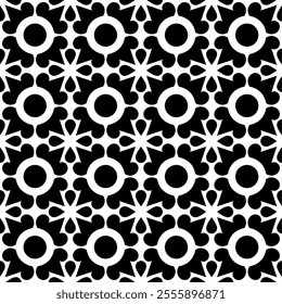Seamless black and white geometric pattern with circular and symmetrical motifs. Suitable for backgrounds, wallpapers, textiles, fabrics and various creative projects.