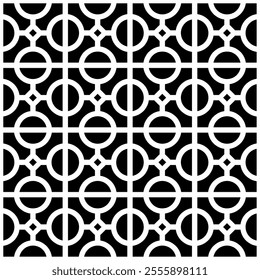 Seamless black and white geometric pattern with circular and symmetrical motifs. Suitable for backgrounds, wallpapers, textiles, fabrics and various creative projects.