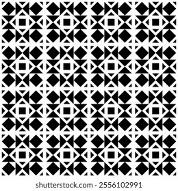 Seamless black and white geometric pattern featuring a symmetrical design with triangular and square shapes. Suitable for backgrounds, wallpapers, textiles, fabrics and various creative projects.
