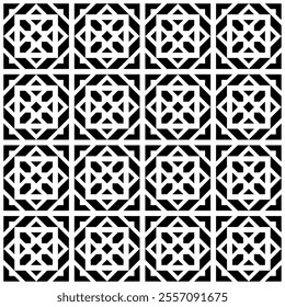 Seamless black and white geometric pattern with abstract and symmetrical shapes. Suitable for backgrounds, wallpapers, textiles, fabrics and various creative projects.