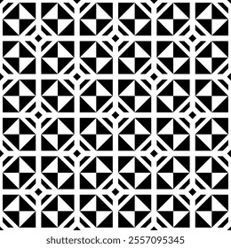 Seamless black and white geometric pattern featuring a symmetrical design with repeating triangle shapes. Suitable for backgrounds, wallpapers, textiles, fabrics and various creative projects.