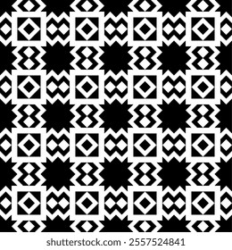 Seamless black and white geometric pattern with abstract and symmetrical shapes. Suitable for backgrounds, wallpapers, textiles, fabrics and various creative projects.