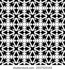 Seamless black and white geometric pattern with abstract and symmetrical shapes. Suitable for backgrounds, wallpapers, textiles, fabrics and various creative projects.