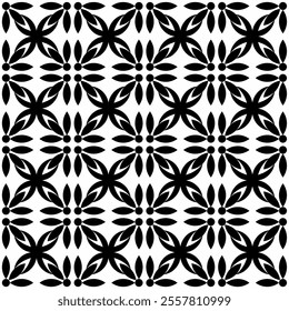 Seamless black and white geometric pattern, featuring a symmetrical design with floral motifs. Suitable for backgrounds, wallpapers, textiles, fabrics and various creative projects.