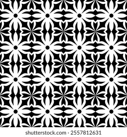 Seamless black and white geometric pattern, featuring a symmetrical design with floral motifs. Suitable for backgrounds, wallpapers, textiles, fabrics and various creative projects.