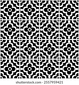 Seamless black and white geometric pattern, featuring a symmetrical design with floral motifs. Suitable for backgrounds, wallpapers, textiles, fabrics and various creative projects.
