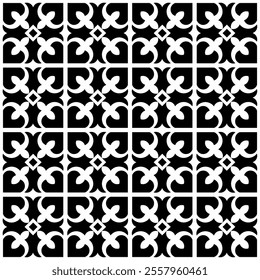 Seamless black and white geometric pattern with abstract and symmetrical shapes. Suitable for backgrounds, wallpapers, textiles, fabrics and various creative projects.