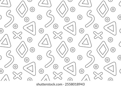 Seamless black and white geometric pattern with circles, triangles, diamonds, and abstract shapes for coloring.