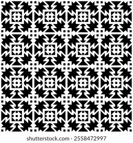 Seamless black and white geometric pattern, featuring an abstract design in a tribal style. Suitable for backgrounds, wallpapers, textiles, fabrics and various creative projects.