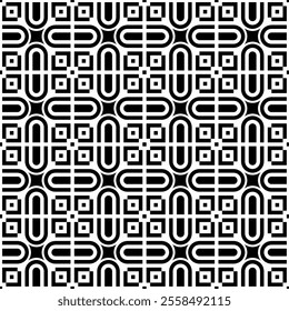 Seamless black and white geometric pattern, featuring an intricate symmetrical design. Suitable for backgrounds, wallpapers, textiles, fabrics and various creative projects.