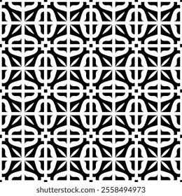 Seamless black and white geometric pattern, featuring a symmetrical design with floral motifs. Suitable for backgrounds, wallpapers, textiles, fabrics and various creative projects.