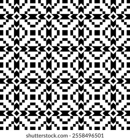 Seamless black and white geometric pattern, featuring a symmetrical design with pixel-style motifs. Suitable for backgrounds, wallpapers, textiles, fabrics and various creative projects.