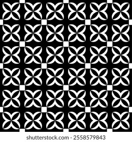 Seamless black and white geometric pattern, featuring a symmetrical design with floral motifs. Suitable for backgrounds, wallpapers, textiles, fabrics and various creative projects.