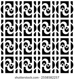 Seamless black and white geometric pattern, featuring a symmetrical design with curved abstract shapes. Suitable for backgrounds, wallpapers, textiles, fabrics and various creative projects.