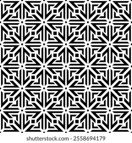 Seamless black and white geometric pattern, featuring a symmetrical design with abstract shapes. Suitable for backgrounds, wallpapers, textiles, fabrics and various creative projects.