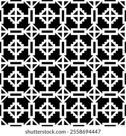 Seamless black and white geometric pattern, featuring a symmetrical design with abstract shapes. Suitable for backgrounds, wallpapers, textiles, fabrics and various creative projects.