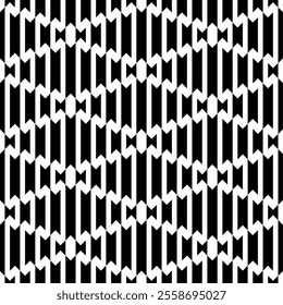 Seamless black and white geometric pattern, featuring a symmetrical design with abstract shapes. Suitable for backgrounds, wallpapers, textiles, fabrics and various creative projects.