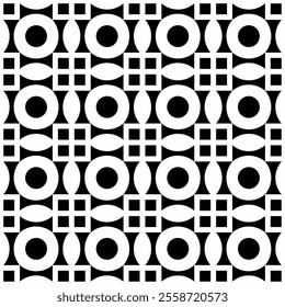 Seamless black and white geometric pattern, featuring a symmetrical design with circle and square shapes. Suitable for backgrounds, wallpapers, textiles, fabrics and various creative projects.