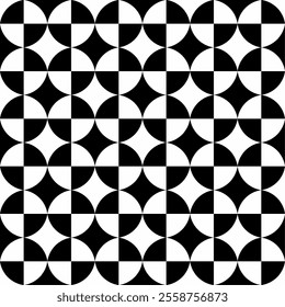 Seamless black and white geometric pattern, featuring a symmetrical design with star shapes forming a circular motif. Suitable for backgrounds, wallpapers, textiles, fabrics, etc.