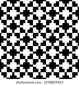 Seamless black and white geometric pattern, featuring a symmetrical design with pixel-style motifs. Suitable for backgrounds, wallpapers, textiles, fabrics and various creative projects.