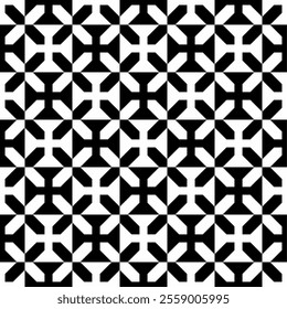 Seamless black and white geometric pattern, featuring a symmetrical design with abstract shapes. Suitable for backgrounds, wallpapers, textiles, fabrics and various creative projects.