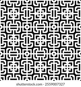 Seamless black and white geometric pattern, featuring a symmetrical design with abstract shapes. Suitable for backgrounds, wallpapers, textiles, fabrics and various creative projects.