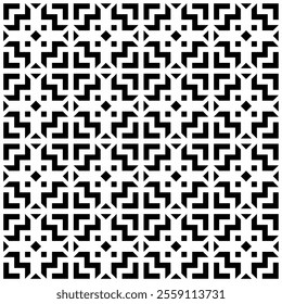 Seamless black and white geometric pattern, featuring a symmetrical design with abstract shapes. Suitable for backgrounds, wallpapers, textiles, fabrics and various creative projects.